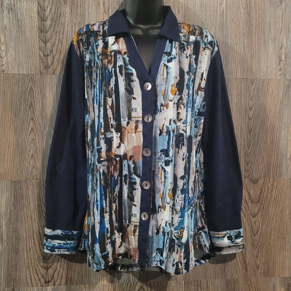 Parsley & Sage Button Front High-Low Top Sz M Blue Multi Abstract Colorblock Art